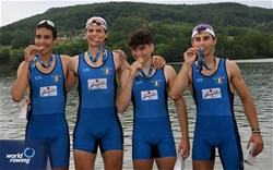 Leonardo Sostegni, Tommaso Lagana', Lorenzo Rasoli, Cosimo Chiappi, Men's Four, Italy, Gold, 2023 European Rowing Under 19 Championships, Brive-la-Gaillarde, France / Detlev Seyb/MyRowingPhoto.com