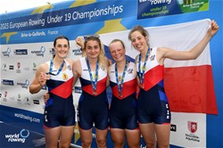 Tereza Hrbackova, Adela Bartakova, Evelina Masinova, Sofie Kubatova, Women's Quadruple Sculls, Czech Republic, Bronze, 2023 European Rowing Under 19 Championships, Brive-la-Gaillarde, France / Detlev Seyb/MyRowingPhoto.com