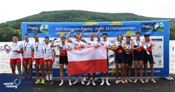 Martin Weichhaus, Jakub Olszewski, Aleks Narozny, Tristan Hervet, Men's Quadruple Sculls, Poland, Gold, Alexandar Nikolov, Vladimir Botev, Iliyan Stoilov, Yoan Ivanov, Bulgaria, Silver, Adam Boldis, Jakub Holicky, Tomas Panchartek, Hynek Lambl, Czech Republic, Bronze, 2023 European Rowing Under 19 Championships, Brive-la-Gaillarde, France / Detlev Seyb/MyRowingPhoto.com
