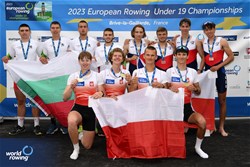Martin Weichhaus, Jakub Olszewski, Aleks Narozny, Tristan Hervet, Men's Quadruple Sculls, Poland, Gold, Alexandar Nikolov, Vladimir Botev, Iliyan Stoilov, Yoan Ivanov, Bulgaria, Silver, Adam Boldis, Jakub Holicky, Tomas Panchartek, Hynek Lambl, Czech Republic, Bronze, 2023 European Rowing Under 19 Championships, Brive-la-Gaillarde, France / Detlev Seyb/MyRowingPhoto.com