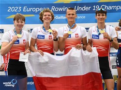 Martin Weichhaus, Jakub Olszewski, Aleks Narozny, Tristan Hervet, Men's Quadruple Sculls, Poland, Gold, 2023 European Rowing Under 19 Championships, Brive-la-Gaillarde, France / Detlev Seyb/MyRowingPhoto.com