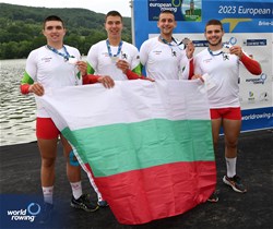 Alexandar Nikolov, Vladimir Botev, Iliyan Stoilov, Yoan Ivanov, Men's Quadruple Sculls, Bulgaria, Silver, 2023 European Rowing Under 19 Championships, Brive-la-Gaillarde, France / Detlev Seyb/MyRowingPhoto.com