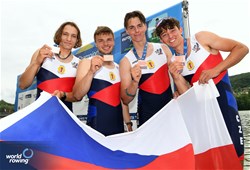 Adam Boldis, Jakub Holicky, Tomas Panchartek, Hynek Lambl, Men's Quadruple Sculls, Czech Republic, Bronze, 2023 European Rowing Under 19 Championships, Brive-la-Gaillarde, France / Detlev Seyb/MyRowingPhoto.com