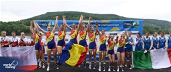 Ioana Ruxandra Pascovici, Eugenia Daniela Robitu, Narcisa-Florentina Negura, Adina Alexandra Florea, Andreea Bianca Marin, Georgiana Blanariu, Iuliana Irina Cantoriu, Denisa Cristina Ailincai, Irina Lucia Andreea Despa, Women's Eight, Romania, Gold, Marketa Forejtova, Katerina Tumova, Gabriela Snopkova, Veronika Buresova, Natalie Sterbova, Katerina Dohnalova, Michaela Ulicna, Kamila Krpcova, Filip Lukosik, Czech Republic, Silver, Margherita Vietri, Sandra Compagnucci, Marta Orefice, Sara Lucia Caterisano, Aurora Spirito, Alice Pettinari, Matilde Orsetti, Giulia Orefice, Margherita Fanchi, Italy, Bronze, 2023 European Rowing Under 19 Championships, Brive-la-Gaillarde, France / Detlev Seyb/MyRowingPhoto.com