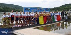 Ioana Ruxandra Pascovici, Eugenia Daniela Robitu, Narcisa-Florentina Negura, Adina Alexandra Florea, Andreea Bianca Marin, Georgiana Blanariu, Iuliana Irina Cantoriu, Denisa Cristina Ailincai, Irina Lucia Andreea Despa, Women's Eight, Romania, Gold, Marketa Forejtova, Katerina Tumova, Gabriela Snopkova, Veronika Buresova, Natalie Sterbova, Katerina Dohnalova, Michaela Ulicna, Kamila Krpcova, Filip Lukosik, Czech Republic, Silver, Margherita Vietri, Sandra Compagnucci, Marta Orefice, Sara Lucia Caterisano, Aurora Spirito, Alice Pettinari, Matilde Orsetti, Giulia Orefice, Margherita Fanchi, Italy, Bronze, 2023 European Rowing Under 19 Championships, Brive-la-Gaillarde, France / Detlev Seyb/MyRowingPhoto.com