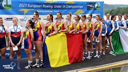 Ioana Ruxandra Pascovici, Eugenia Daniela Robitu, Narcisa-Florentina Negura, Adina Alexandra Florea, Andreea Bianca Marin, Georgiana Blanariu, Iuliana Irina Cantoriu, Denisa Cristina Ailincai, Irina Lucia Andreea Despa, Women's Eight, Romania, Gold, 2023 European Rowing Under 19 Championships, Brive-la-Gaillarde, France / Detlev Seyb/MyRowingPhoto.com