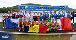 Ioana Ruxandra Pascovici, Eugenia Daniela Robitu, Narcisa-Florentina Negura, Adina Alexandra Florea, Andreea Bianca Marin, Georgiana Blanariu, Iuliana Irina Cantoriu, Denisa Cristina Ailincai, Irina Lucia Andreea Despa, Women's Eight, Romania, Gold, Marketa Forejtova, Katerina Tumova, Gabriela Snopkova, Veronika Buresova, Natalie Sterbova, Katerina Dohnalova, Michaela Ulicna, Kamila Krpcova, Filip Lukosik, Czech Republic, Silver, Margherita Vietri, Sandra Compagnucci, Marta Orefice, Sara Lucia Caterisano, Aurora Spirito, Alice Pettinari, Matilde Orsetti, Giulia Orefice, Margherita Fanchi, Italy, Bronze, 2023 European Rowing Under 19 Championships, Brive-la-Gaillarde, France / Detlev Seyb/MyRowingPhoto.com