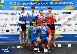 Josef Giorgio Marvucic, Maichol Brambilla, Men's Double Sculls, Italy, Gold, Antonios Ntikos, Dimitrios Papazoglou, Greece, Silver, Nicolas Chambers, Ivo Loepfe, Switzerland, Bronze, 2023 European Rowing Under 19 Championships, Brive-la-Gaillarde, France / Detlev Seyb/MyRowingPhoto.com