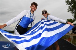 Antonios Ntikos, Dimitrios Papazoglou, Men's Double Sculls, Greece, Silver, 2023 European Rowing Under 19 Championships, Brive-la-Gaillarde, France / Detlev Seyb/MyRowingPhoto.com