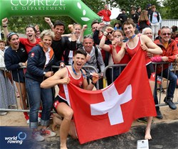 Nicolas Chambers, Ivo Loepfe, Men's Double Sculls, Switzerland, Bronze, 2023 European Rowing Under 19 Championships, Brive-la-Gaillarde, France / Detlev Seyb/MyRowingPhoto.com