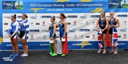 Giorgia Gregorutti, Melissa Schincariol, Women's Double Sculls, Italy, Gold, Sofia Dalidou, Gavriela Lioliou, Greece, Silver, Ella Fullman, Jessica Weir, Great Britain, Bronze, 2023 European Rowing Under 19 Championships, Brive-la-Gaillarde, France / Detlev Seyb/MyRowingPhoto.com