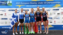 Giorgia Gregorutti, Melissa Schincariol, Women's Double Sculls, Italy, Gold, Sofia Dalidou, Gavriela Lioliou, Greece, Silver, Ella Fullman, Jessica Weir, Great Britain, Bronze, 2023 European Rowing Under 19 Championships, Brive-la-Gaillarde, France / Detlev Seyb/MyRowingPhoto.com