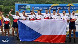 Radim Honig, Matej Smejkal, Tadeas Machacek, Miroslav Vokalek, Krystof Blaha, Matej Vlcek, Adam Kruza, Frantisek Novotny, Lucie Vyhnalova, Men's Eight, Czech Republic, Gold, 2023 European Rowing Under 19 Championships, Brive-la-Gaillarde, France / Detlev Seyb/MyRowingPhoto.com