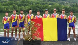 Constantin Filip, Tinel Nicusor Muresan, Catalin Nicolae Catoiu, Andrei Alexandru Alexa, Stefan Cobzaru, Fabrizio Alexandru Scripcariu, Darius Florin Simion, Stefan Bogdan Moales, Alexandru Nedelcu, Men's Eight, Romania, Silver, 2023 European Rowing Under 19 Championships, Brive-la-Gaillarde, France / Detlev Seyb/MyRowingPhoto.com