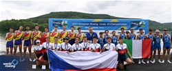 Radim Honig, Matej Smejkal, Tadeas Machacek, Miroslav Vokalek, Krystof Blaha, Matej Vlcek, Adam Kruza, Frantisek Novotny, Lucie Vyhnalova, Men's Eight, Czech Republic, Gold, Constantin Filip, Tinel Nicusor Muresan, Catalin Nicolae Catoiu, Andrei Alexandru Alexa, Stefan Cobzaru, Fabrizio Alexandru Scripcariu, Darius Florin Simion, Stefan Bogdan Moales, Alexandru Nedelcu, Romania, Silver, Federico Gilioli, Francesco Emanuele Graffione, Sergio Andreo, David Allasia, Michele Zampaglione, Giacomo Matteucci, Aldo Chiarolanza, Vincenzo Fonte, Riccardo Doni, Italy, Bronze, 2023 European Rowing Under 19 Championships, Brive-la-Gaillarde, France / Detlev Seyb/MyRowingPhoto.com