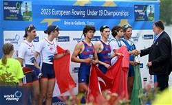 Aytimur Selcuk, Enes Biber, Men's Pair, Turkiye, Gold, Victor Martin, Louis Descot - Vigouroux, France, Silver, Guglielmo Melegari, Francesco Garruccio, Italy, Bronze, 2023 European Rowing Under 19 Championships, Brive-la-Gaillarde, France / Detlev Seyb/MyRowingPhoto.com