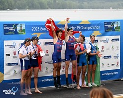 Aytimur Selcuk, Enes Biber, Men's Pair, Turkiye, Gold, Victor Martin, Louis Descot - Vigouroux, France, Silver, Guglielmo Melegari, Francesco Garruccio, Italy, Bronze, 2023 European Rowing Under 19 Championships, Brive-la-Gaillarde, France / Detlev Seyb/MyRowingPhoto.com
