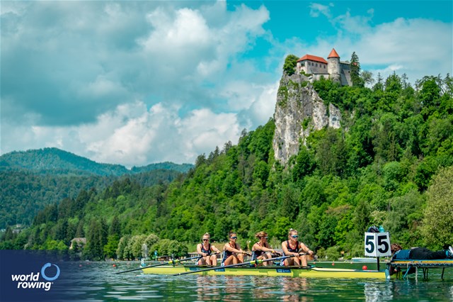 Heidi Long (b), Rowan Mckellar, Helen Glover, Rebecca Shorten (s), Women's Four, Great Britain, 2023 European Rowing Championships, Bled, Slovenia / World Rowing/Benedict Tufnell