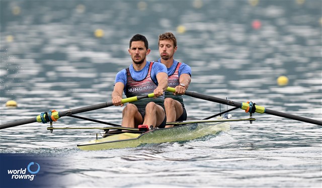 Adrian Juhasz (b), Bela Simon (s), Men's Pair, Hungary, 2023 European Rowing Championships, Bled, Slovenia / Detlev Seyb/MyRowingPhoto.com