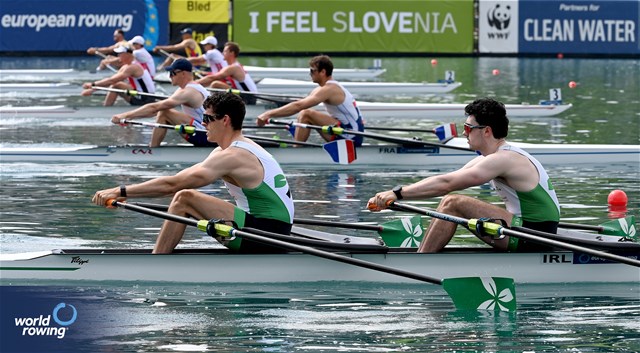 Daire Lynch (b), Philip Doyle (s), Men's Double Sculls, Ireland, 2023 European Rowing Championships, Bled, Slovenia / Maren Derlien/MyRowingPhoto.com