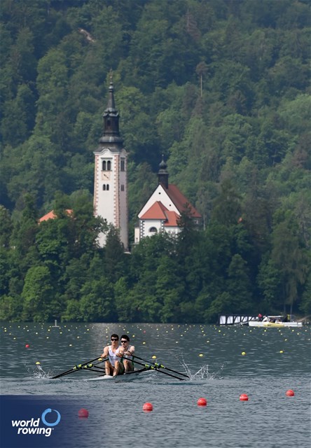Daire Lynch (b), Philip Doyle (s), Men's Double Sculls, Ireland, 2023 European Rowing Championships, Bled, Slovenia / Maren Derlien/MyRowingPhoto.com