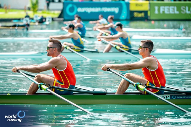 Aleix Garcia Pujolar (b), Rodrigo Conde Romero (s), Men's Double Sculls, Spain, 2023 European Rowing Championships, Bled, Slovenia / World Rowing/Benedict Tufnell