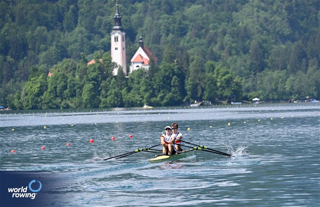 Paul Leerkamp (b), Jonathan Rommelmann (s), Lightweight Men's Double Sculls, Germany, 2023 European Rowing Championships, Bled, Slovenia / Detlev Seyb/MyRowingPhoto.com