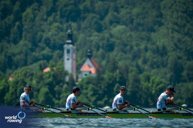 Jonas Juel (b), Erling Oeyasaeter, Martin Helseth, Erik Andre Solbakken (s), Men's Quadruple Sculls, Norway, 2023 European Rowing Championships, Bled, Slovenia / World Rowing/Benedict Tufnell