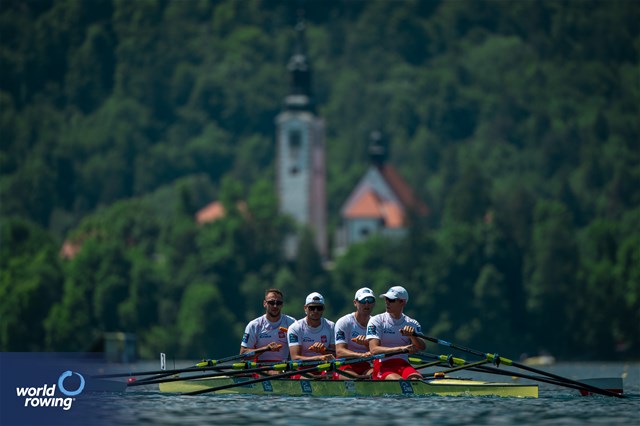 Dominik Czaja (b), Mateusz Biskup, Miroslaw Zietarski, Fabian Baranski (s), Men's Quadruple Sculls, Poland, 2023 European Rowing Championships, Bled, Slovenia / World Rowing/Benedict Tufnell