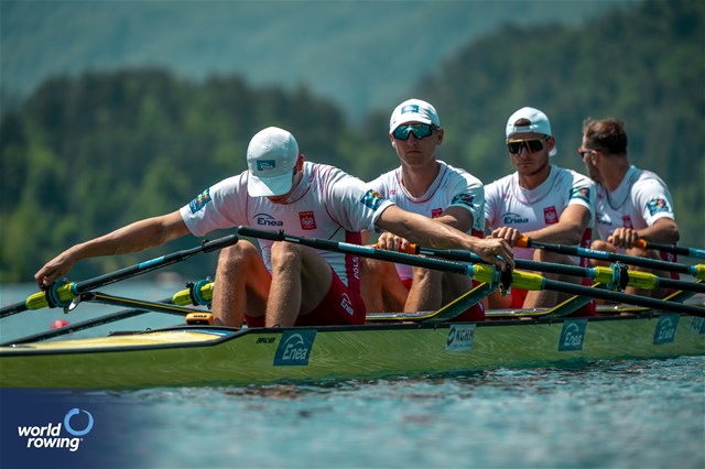 Dominik Czaja (b), Mateusz Biskup, Miroslaw Zietarski, Fabian Baranski (s), Men's Quadruple Sculls, Poland, 2023 European Rowing Championships, Bled, Slovenia / World Rowing/Benedict Tufnell