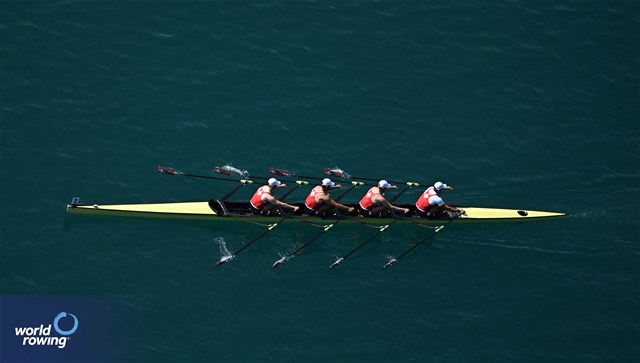 Scott Baerlocher (b), Jan Jonah Plock, Nils Schneider, Maurin Lange (s), Men's Quadruple Sculls, Switzerland, 2023 European Rowing Championships, Bled, Slovenia / Detlev Seyb/MyRowingPhoto.com