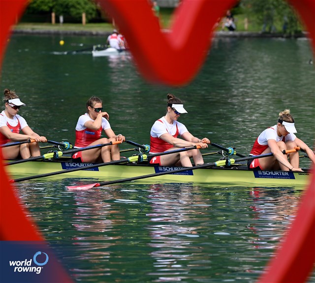 Salome Ulrich (b), Fabienne Schweizer, Pascale Walker, Lisa Loetscher (s), Women's Quadruple Sculls, Switzerland, 2023 European Rowing Championships, Bled, Slovenia / Maren Derlien/MyRowingPhoto.com