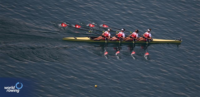 Salome Ulrich (b), Fabienne Schweizer, Pascale Walker, Lisa Loetscher (s), Women's Quadruple Sculls, Switzerland, 2023 European Rowing Championships, Bled, Slovenia / Detlev Seyb/MyRowingPhoto.com