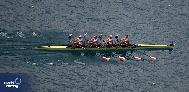Dominik Czaja (b), Mateusz Biskup, Miroslaw Zietarski, Fabian Baranski (s), Men's Quadruple Sculls, Poland, 2023 European Rowing Championships, Bled, Slovenia / Detlev Seyb/MyRowingPhoto.com