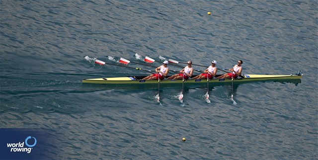 Dominik Czaja (b), Mateusz Biskup, Miroslaw Zietarski, Fabian Baranski (s), Men's Quadruple Sculls, Poland, 2023 European Rowing Championships, Bled, Slovenia / Detlev Seyb/MyRowingPhoto.com