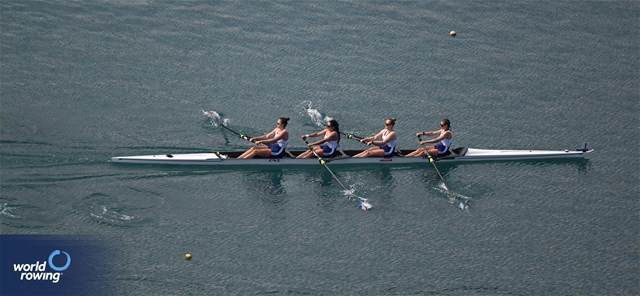Emma Cornelis (b), Agathe Oudet, Elodie Ravera-Scaramozzino, Adele Brosse (s), Women's Four, France, 2023 European Rowing Championships, Bled, Slovenia / Detlev Seyb/MyRowingPhoto.com