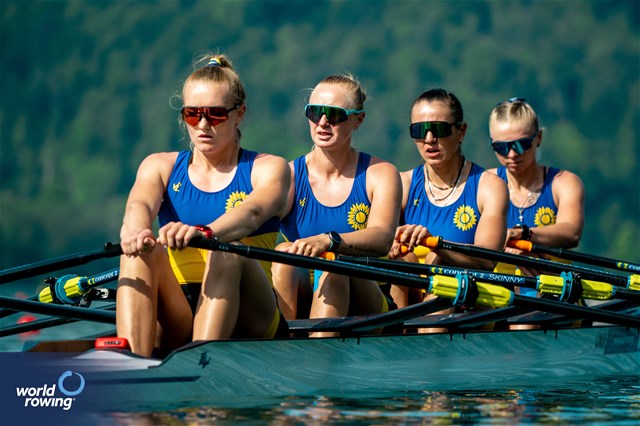 Daryna Verkhogliad (b), Nataliya Dovgodko, Anastasiia Kozhenkova, Kateryna Dudchenko (s), Women's Quadruple Sculls, Ukraine, 2023 European Rowing Championships, Bled, Slovenia / World Rowing/Benedict Tufnell
