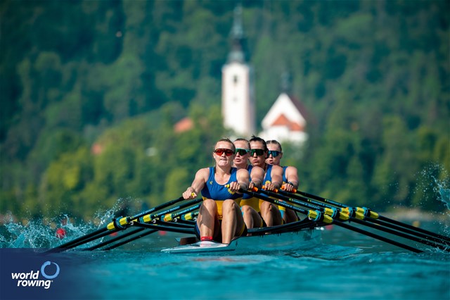 Daryna Verkhogliad (b), Nataliya Dovgodko, Anastasiia Kozhenkova, Kateryna Dudchenko (s), Women's Quadruple Sculls, Ukraine, 2023 European Rowing Championships, Bled, Slovenia / World Rowing/Benedict Tufnell