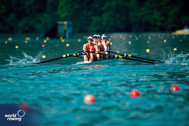 Julie Poulsen (b), Marie Skytte Hauberg Johannesen, Frida Sanggaard Nielsen, Astrid Steensberg (s), Women's Four, Denmark, 2023 European Rowing Championships, Bled, Slovenia / World Rowing/Benedict Tufnell