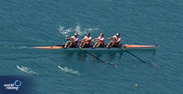 Guus Mollee (b), Nelson Ritsema, Olav Molenaar, Gert-Jan Van Doorn (s), Men's Four, Netherlands, 2023 European Rowing Championships, Bled, Slovenia / Detlev Seyb/MyRowingPhoto.com