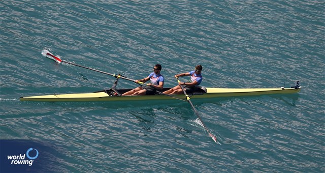 Adrian Juhasz (b), Bela Simon (s), Men's Pair, Hungary, 2023 European Rowing Championships, Bled, Slovenia / Detlev Seyb/MyRowingPhoto.com