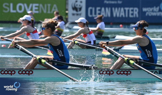 Stefania Buttignon (b), Clara Guerra (s), Women's Double Sculls, Italy, 2023 European Rowing Championships, Bled, Slovenia / Maren Derlien/MyRowingPhoto.com