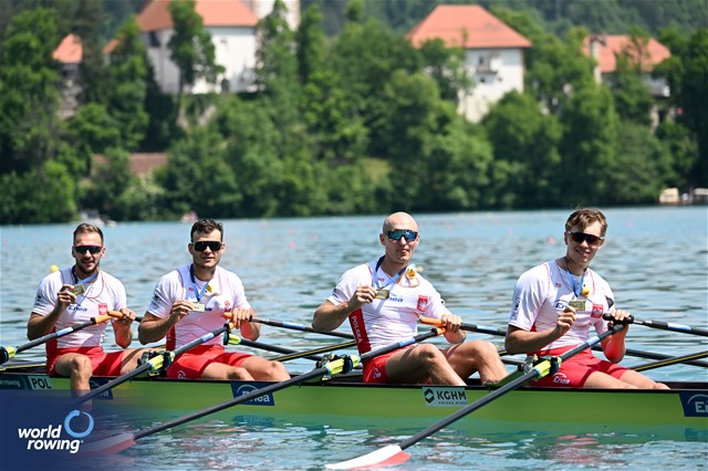 Dominik Czaja (b), Mateusz Biskup, Miroslaw Zietarski, Fabian Baranski (s), Men's Quadruple Sculls, Poland, Gold, 2023 European Rowing Championships, Bled, Slovenia / Detlev Seyb/MyRowingPhoto.com