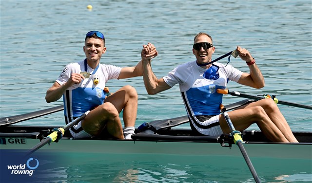Petros Gkaidatzis (b), Antonios Papakonstantinou (s), Lightweight Men's Double Sculls, Greece, Bronze, 2023 European Rowing Championships, Bled, Slovenia / Detlev Seyb/MyRowingPhoto.com