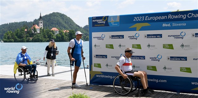 Giacomo Perini, PR1 Mens Single Sculls, Italy, Gold, Roman Polianskyi, Ukraine, Silver, 2023 European Rowing Championships, Bled, Slovenia / Detlev Seyb/MyRowingPhoto.com