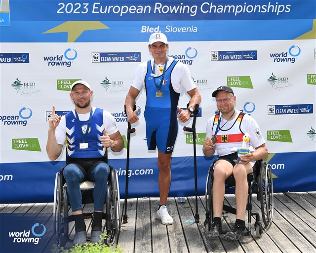 Giacomo Perini, PR1 Mens Single Sculls, Italy, Gold, Roman Polianskyi, Ukraine, Silver, 2023 European Rowing Championships, Bled, Slovenia / Detlev Seyb/MyRowingPhoto.com