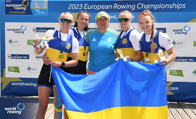 Daryna Verkhogliad (b), Nataliya Dovgodko, Anastasiia Kozhenkova, Kateryna Dudchenko (s), Women's Quadruple Sculls, Ukraine, Gold, 2023 European Rowing Championships, Bled, Slovenia / Detlev Seyb/MyRowingPhoto.com