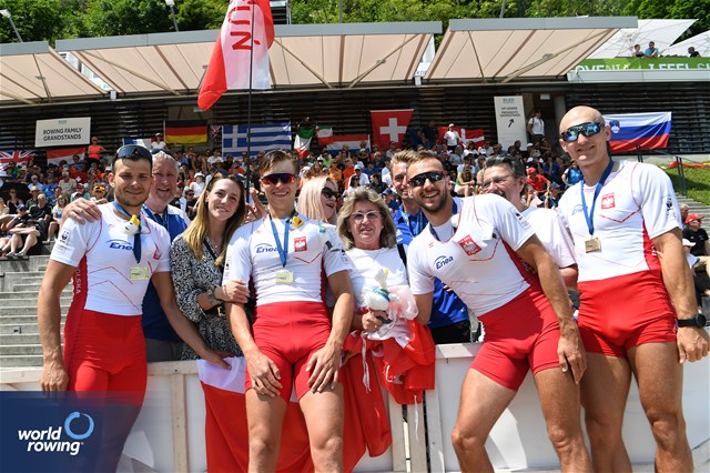 Dominik Czaja (b), Mateusz Biskup, Miroslaw Zietarski, Fabian Baranski (s), Men's Quadruple Sculls, Poland, Gold, 2023 European Rowing Championships, Bled, Slovenia / Detlev Seyb/MyRowingPhoto.com