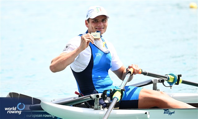 Giacomo Perini, PR1 Mens Single Sculls, Italy, Gold, 2023 European Rowing Championships, Bled, Slovenia / Detlev Seyb/MyRowingPhoto.com