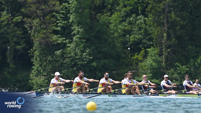 Mihai Chiruta (b), Constantin Adam, Ioan Prundeanu, Marian Enache (s), Men's Quadruple Sculls, Romania, 2023 European Rowing Championships, Bled, Slovenia / Maren Derlien/MyRowingPhoto.com